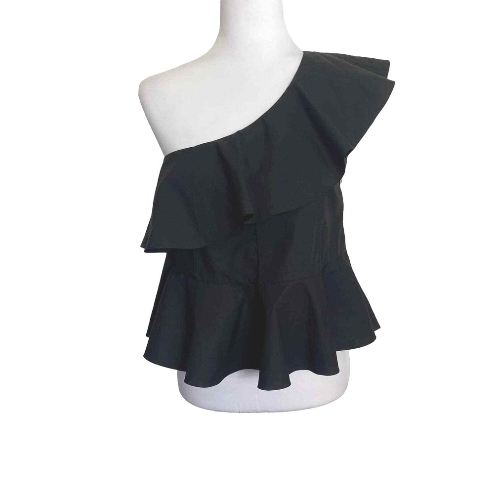 Yune Ho One Shoulder Top Women XS Ruffle Peplum Cotton Asymmetrical Poplin Black